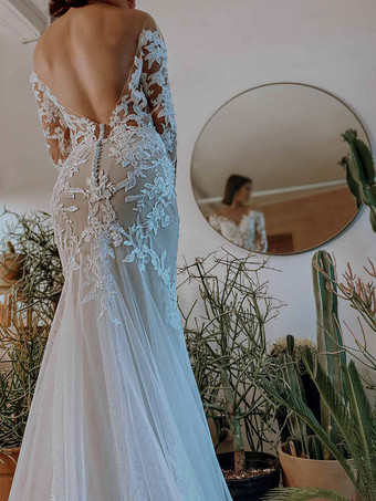 エクリュホワイトマーメイドウェディングドレスイリュージョンネックラインロングスリーブバックレスレース、トレインブライダルドレス