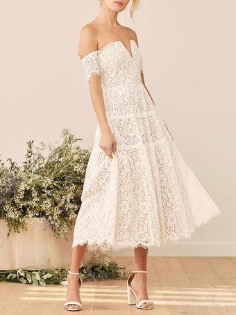 White Engagement Dress 2024 Off The Shoulder Sleeveless Backless Lace Tea Length Honeymoon Dress Free Customization
