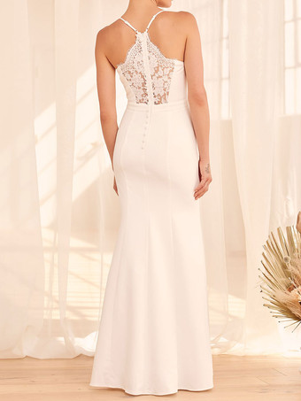 Vestido de compromiso blanco Cuello de rayas Sin mangas Sin espalda Cintura natural Hasta el suelo Vestido de compromiso de poliéster