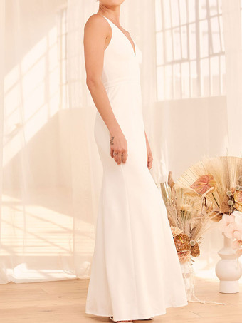 Vestido de compromiso blanco Cuello de rayas Sin mangas Sin espalda Cintura natural Hasta el suelo Vestido de compromiso de poliéster