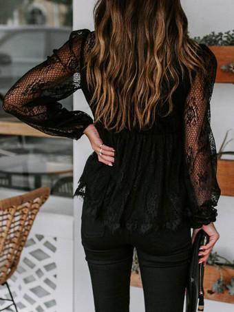 Shirt For Women Black Lace Up V-Neck Sexy Long Sleeves Lace Blouse -  Milanoo.com