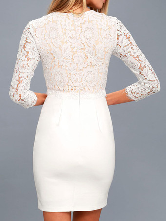 ホワイトエンゲージメントドレスジュエルネックハーフスリーブジッパーナチュラルウエストショートレースエンゲージメントドレス