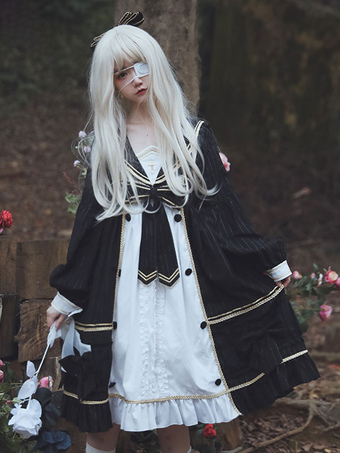 Gothic Lolita Dress Long Sleeve Color Block Stripes Pattern Bows Black Lolita One Piece Dress