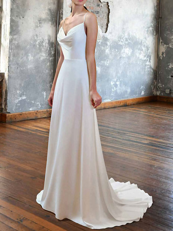 White Simple Wedding Dress With Train V-Neck Stripes Neck Sleeveless Backless Stain Long Bridal Gowns Free Customization