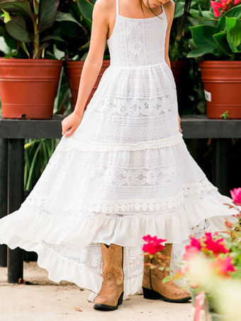 ホワイト ボヘミアン レース フラワーガール ドレス ストライプ ネック ノースリーブ フロア丈 Aライン 子供用 社交パーティードレス