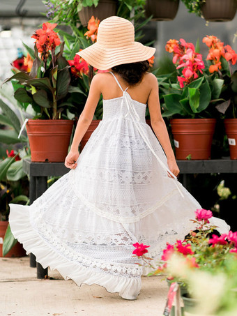 ホワイト ボヘミアン レース フラワーガール ドレス ストライプ ネック ノースリーブ フロア丈 Aライン 子供用 社交パーティードレス