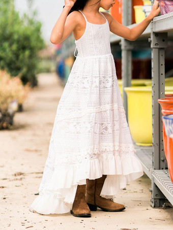 ホワイト ボヘミアン レース フラワーガール ドレス ストライプ ネック ノースリーブ フロア丈 Aライン 子供用 社交パーティードレス