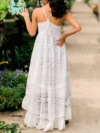 ホワイト ボヘミアン レース フラワーガール ドレス ストライプ ネック ノースリーブ フロア丈 Aライン 子供用 社交パーティードレス