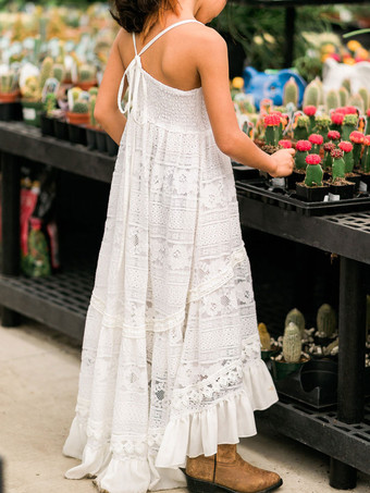 ホワイト ボヘミアン レース フラワーガール ドレス ストライプ ネック ノースリーブ フロア丈 Aライン 子供用 社交パーティードレス