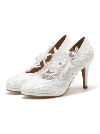 Sapatos de casamento brancos de couro PU redondo pérolas do dedo do pé com salto agulha e salto agulha
