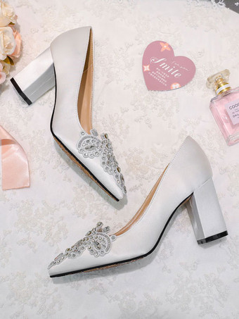 ホワイトハイヒールパーティーシューズポインテッドトゥラインストーンイブニングシューズブライダルヒール