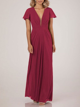 Bordeaux Robe de demoiselle d'honneur robe de cocktail de mariage col V plongeant manche courte