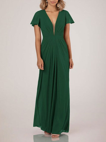 Vert foncéRobe de demoiselle d'honneur robe de cocktail de mariage col V plongeant manche courte