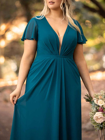 Bleu ÉclatantRobe de demoiselle d'honneur robe de cocktail de mariage col V plongeant manche courte