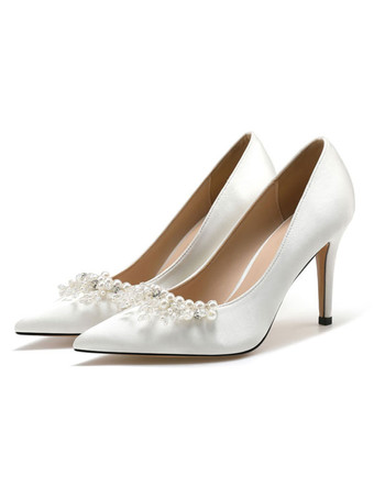 Белые свадебные туфли с атласным жемчугом и острым носком на шпильке Свадебные туфли