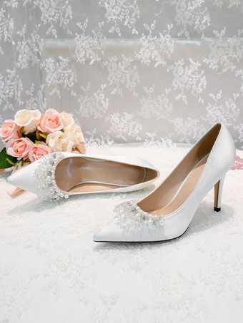 白い結婚式の靴サテンパール先のとがったつま先スティレットヒールブライダルシューズ