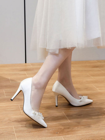 白い結婚式の靴サテンパール先のとがったつま先スティレットヒールブライダルシューズ