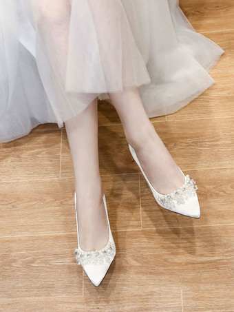 白い結婚式の靴サテンパール先のとがったつま先スティレットヒールブライダルシューズ