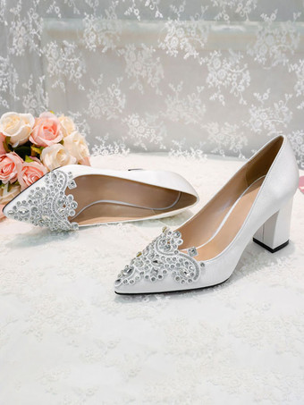 ホワイトハイヒールパーティーシューズポインテッドトゥラインストーンイブニングシューズブライダルヒール