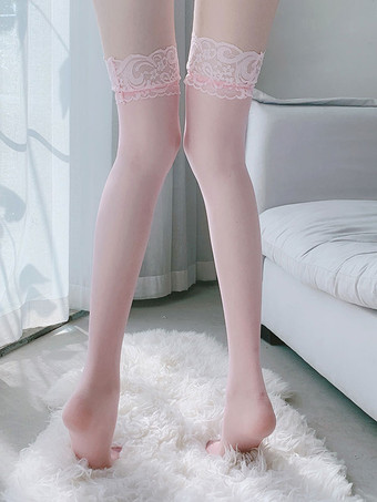 ピンク女性のための靴下ランジェリー ブラック レース シアー セクシー ニーハイ ソックス
