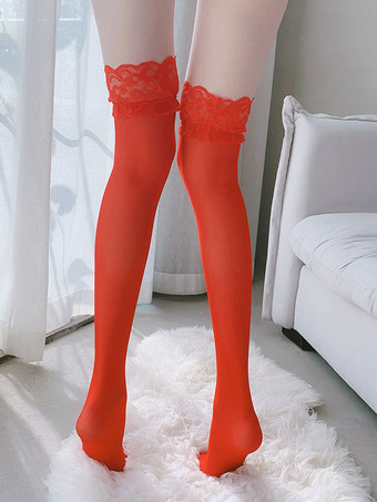 レッド 女性のための靴下ランジェリー ブラック レース シアー セクシー ニーハイ ソックス