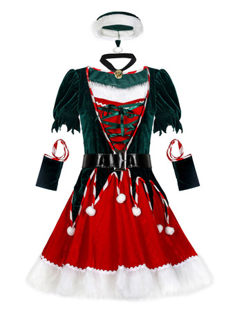 女性のクリスマスチュニックドレス赤いポリエステル繊維サッシ帽子アームウェアポリエステルカラーブロッククリスマスホリデーコスチューム