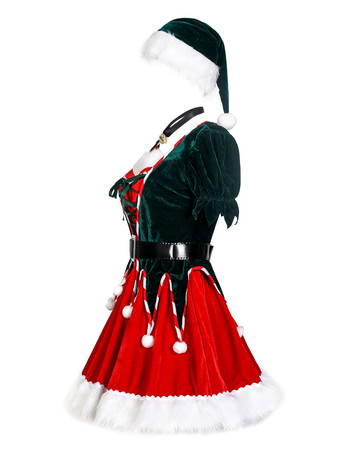 女性のクリスマスチュニックドレス赤いポリエステル繊維サッシ帽子アームウェアポリエステルカラーブロッククリスマスホリデーコスチューム