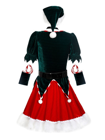 女性のクリスマスチュニックドレス赤いポリエステル繊維サッシ帽子アームウェアポリエステルカラーブロッククリスマスホリデーコスチューム