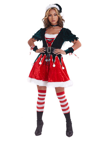 女性のクリスマスチュニックドレス赤いポリエステル繊維サッシ帽子アームウェアポリエステルカラーブロッククリスマスホリデーコスチューム