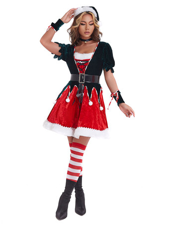 女性のクリスマスチュニックドレス赤いポリエステル繊維サッシ帽子アームウェアポリエステルカラーブロッククリスマスホリデーコスチューム