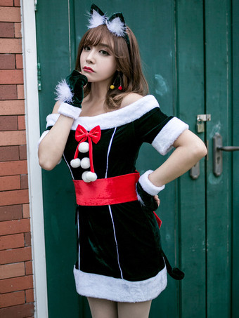 女性のクリスマスコスチュームフルセットチュニックドレスディープグリーンポリエステルファイバーサッシュドレスグローブポリエステルカラーブロッククリスマスホリデーコスチューム