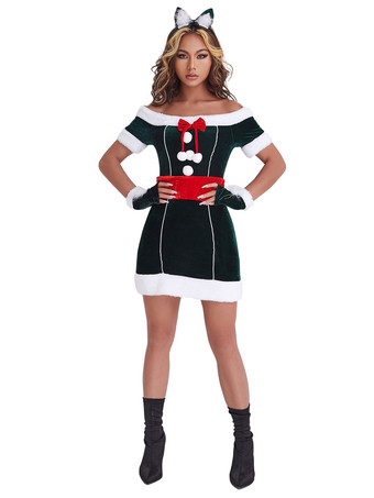 女性のクリスマスコスチュームフルセットチュニックドレスディープグリーンポリエステルファイバーサッシュドレスグローブポリエステルカラーブロッククリスマスホリデーコスチューム