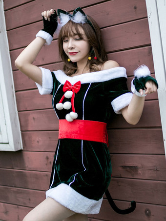 グリーン 女性のクリスマスコスチュームフルセットチュニックドレスディープグリーンポリエステルファイバーサッシュドレスグローブポリエステルカラーブロッククリスマスホリデーコスチューム