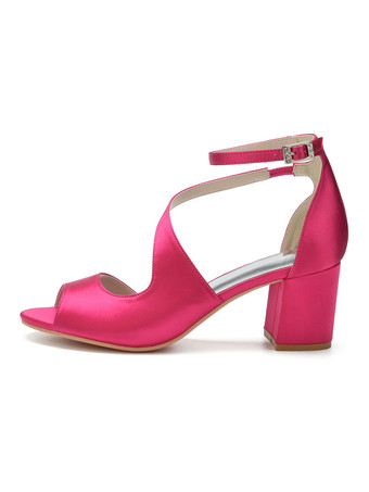 結婚式の靴オレンジサテンオープントゥチャンキーヒールアンクルストラップブライダルシューズ