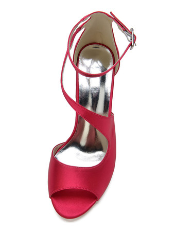 結婚式の靴オレンジサテンオープントゥチャンキーヒールアンクルストラップブライダルシューズ