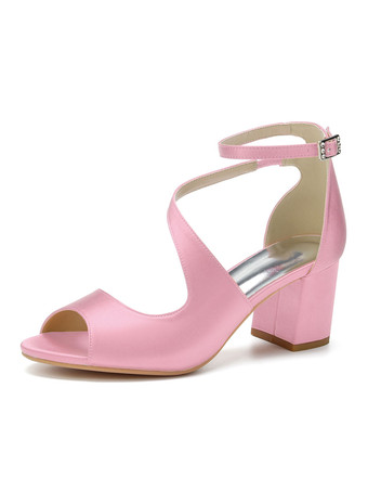 ピンク結婚式の靴オレンジサテンオープントゥチャンキーヒールアンクルストラップブライダルシューズ