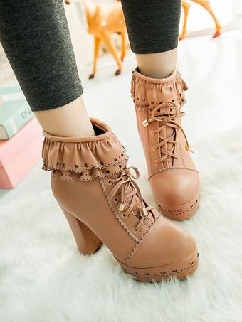ディープアプリコットピンクのロリータブーツPUレザーラウンドトゥチャンキーヒールロートップスロリータフットウェア