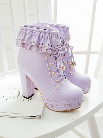 ラベンダーカラーピンクのロリータブーツPUレザーラウンドトゥチャンキーヒールロートップスロリータフットウェア