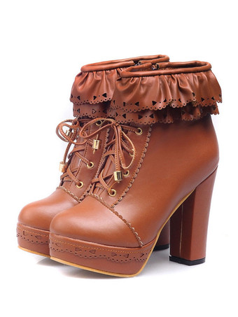 ブラウン ピンクのロリータブーツPUレザーラウンドトゥチャンキーヒールロートップスロリータフットウェア