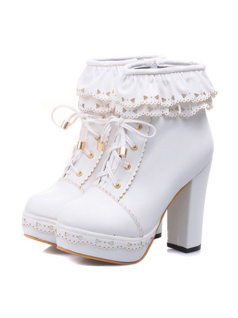 ホワイト ピンクのロリータブーツPUレザーラウンドトゥチャンキーヒールロートップスロリータフットウェア