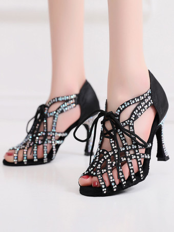 ラテンダンスシューズのぞき見つま先ラインストーンボールルームブラックダンスシューズ