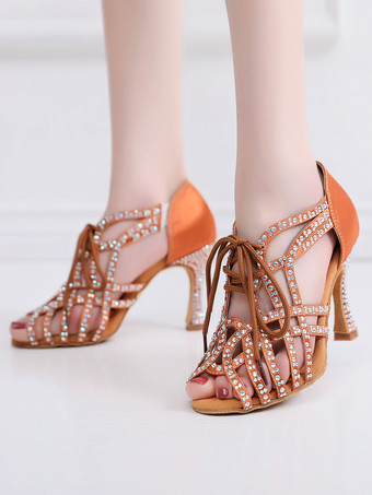 ラテンダンスシューズのぞき見つま先ラインストーンボールルームブラックダンスシューズ