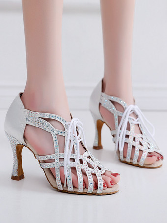 ラテンダンスシューズのぞき見つま先ラインストーンボールルームブラックダンスシューズ