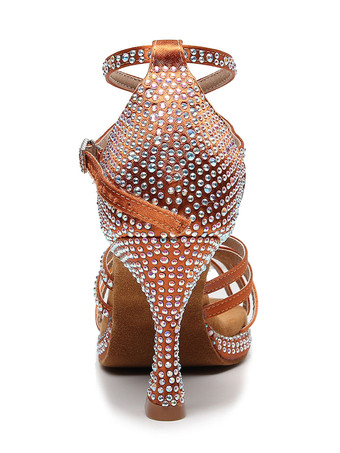 ラテンダンスシューズコーヒーブラウンのぞき見つま先ラインストーン社交ダンスシューズ