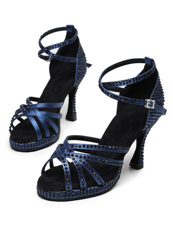 ラテンダンスシューズコーヒーブラウンのぞき見つま先ラインストーン社交ダンスシューズ