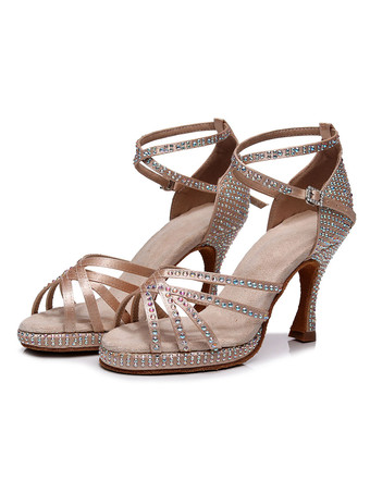 ラテンダンスシューズコーヒーブラウンのぞき見つま先ラインストーン社交ダンスシューズ
