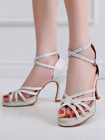 ラテンダンスシューズコーヒーブラウンのぞき見つま先ラインストーン社交ダンスシューズ