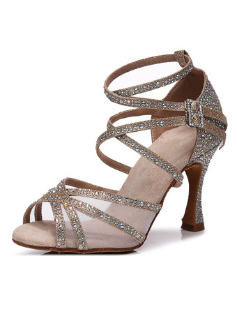 ゴールド ラテンダンスシューズのぞき見つま先ゴブレットヒールラインストーンボールルームブラックダンスシューズ