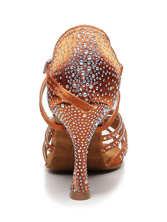 ラテンダンスシューズコーヒーブラウンのぞき見つま先ラインストーン社交ダンスシューズ