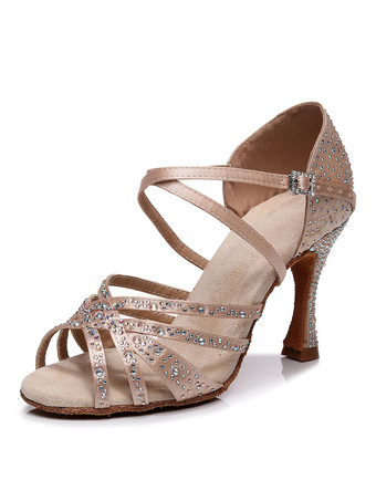 ダークピンクラテンダンスシューズコーヒーブラウンのぞき見つま先ラインストーン社交ダンスシューズ